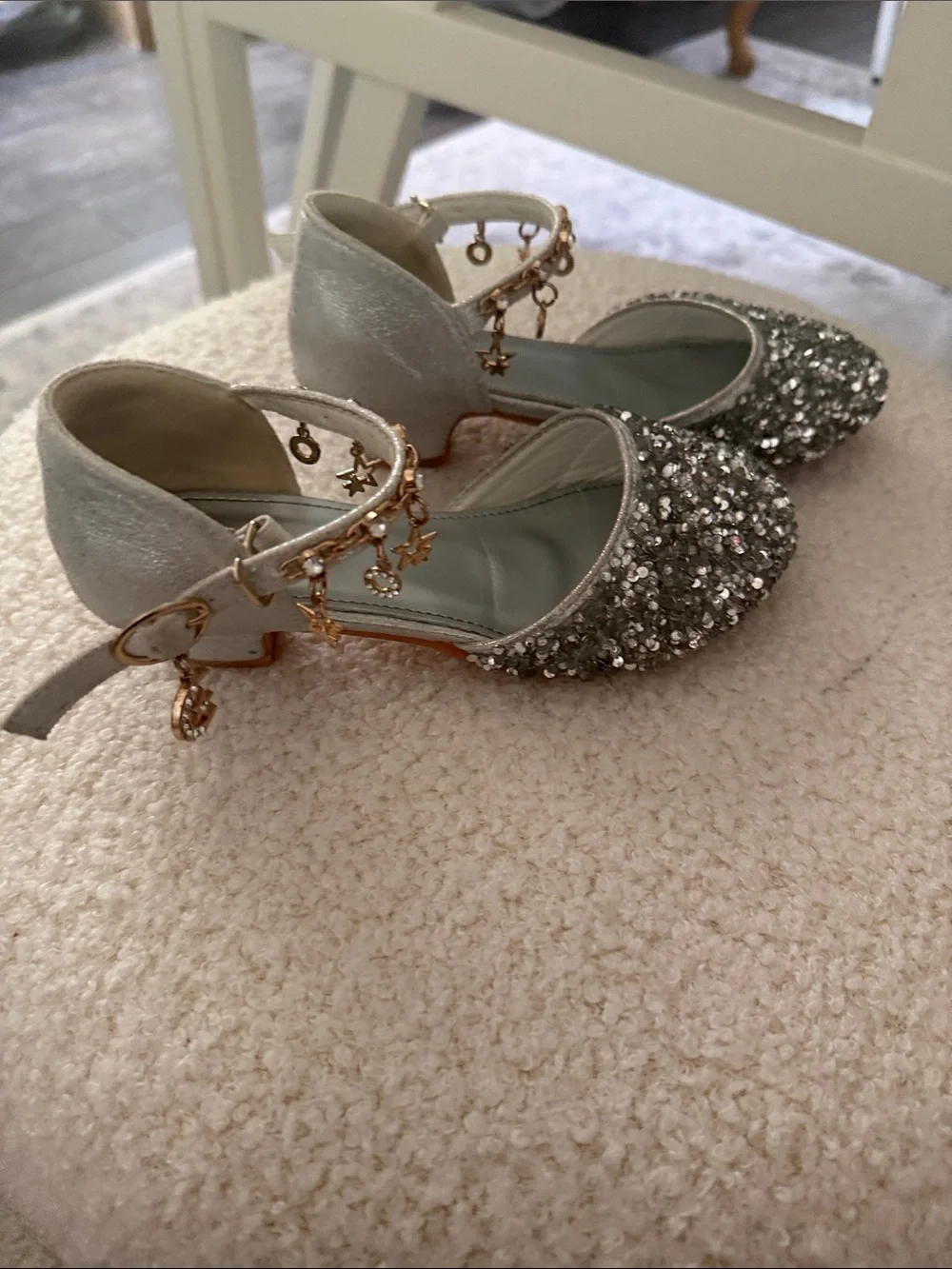 Girls Silver Sequin Ankle-Strap Dress Shoes